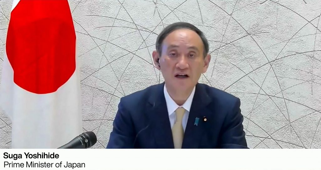 菅義偉首相は２９日、「世界経済フォーラム（ＷＥＦ）」のオンライン会合「ダボス・アジェンダ」で講演した。 (File photo/WEF)