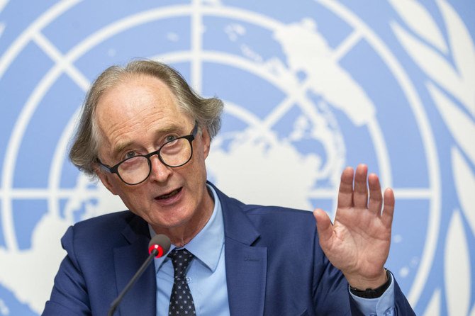 2020年8月21日、スイスのジュネーブにある国連欧州本部で記者会見中に話をする、シリア問題担当の国連特使であるゲイル・オット・ペダーセン氏。（AP通信、資料）