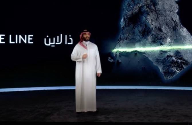 サウジアラビアのモハンメド・ビン・サルマン王太子はNEOMの事業計画「ザ・ライン」を発表した。(SPA)