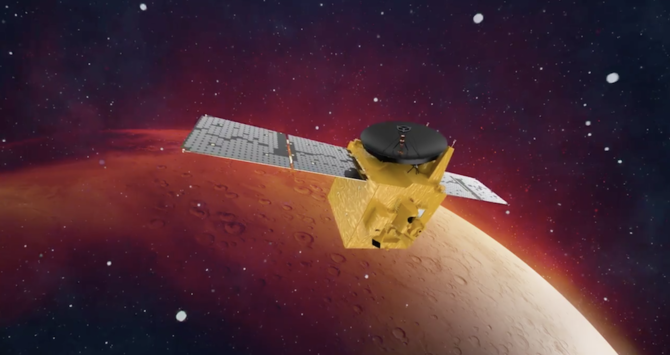 現在、時速約12万kmで宇宙空間を移動しているホープ・プローブは、2月9日に火星の軌道に入り、UAEはこの赤い惑星に到達した5番目の国となる。(静止画像)