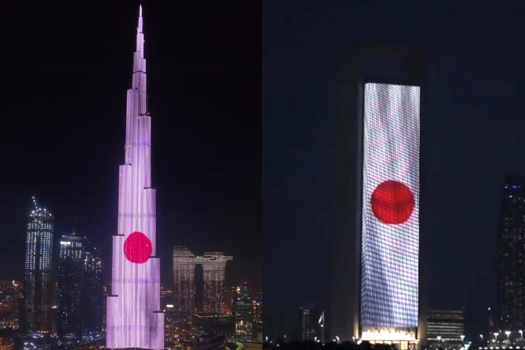 2021年2月11日、日本の建国記念日を祝って、ドバイのブルジュ・ハリファ（左）とアブダビ国営石油会社 （Adnoc）本社（右）が日本の国旗の色でライトアップされる。（インスタグラム/ブルジュ・ハリファ/Adnoc）