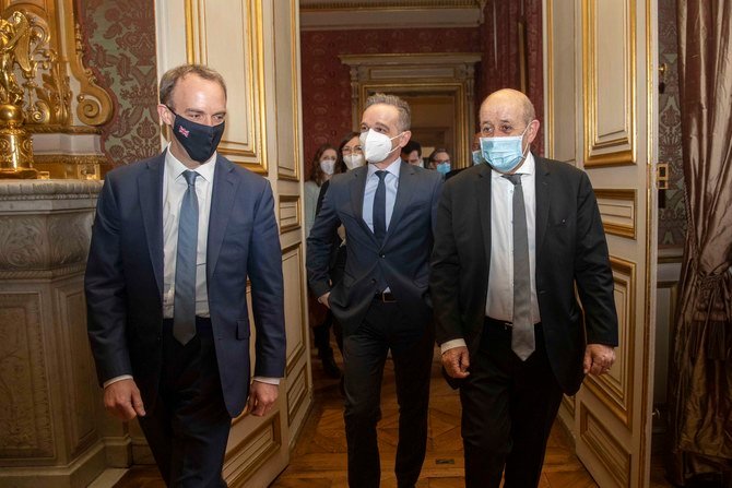 フランス、ドイツ、イギリスの各外務大臣は、2021年2月18日木曜日、パリで会談し、イランとその地域の安全保障について話し合った。アメリカの国務長官トニー・ブリンケンはテレビ会議でその会談に加わった。(Twitter/@GermanyDiplo)