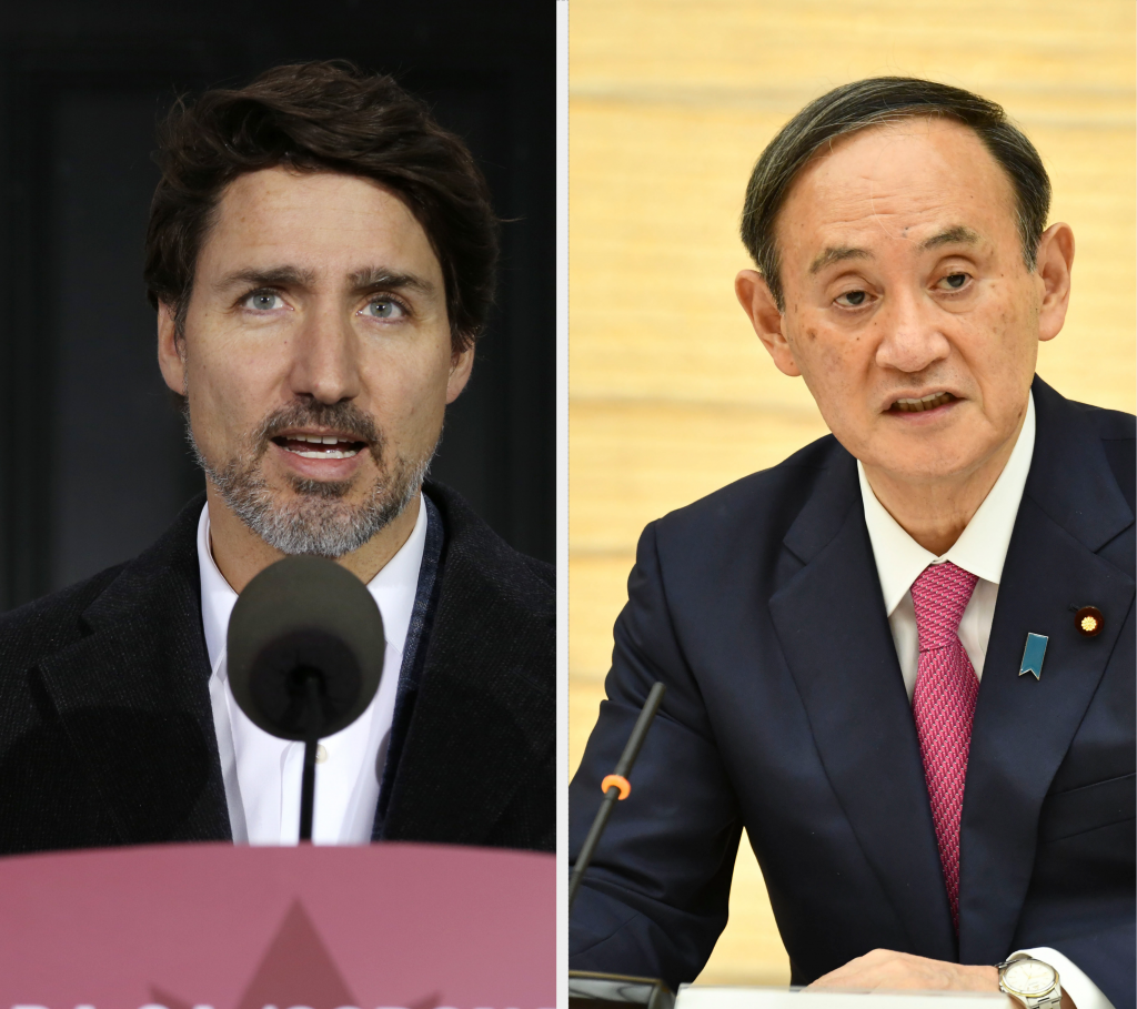 菅義偉首相は３日、カナダのトルドー首相と電話会談した。(AFP)