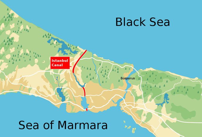 黒海とトルコのマルマラ海を結ぶイスタンブール運河の案を示す地図。（ウィキメディア・コモンズ）