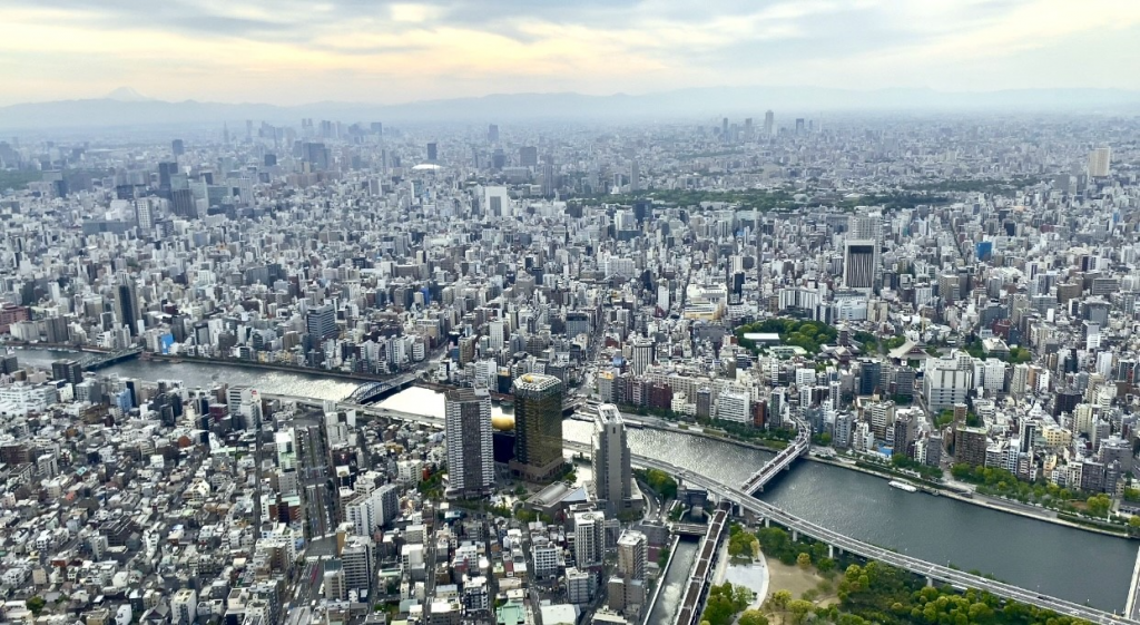 東京の観光名所スカイツリーの地上450メートル地点から見渡せる東京の全景。（ANJ 写真）