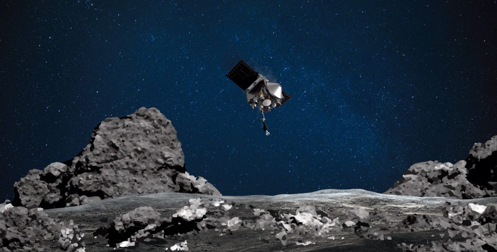 小惑星ベンヌに向けて降下し、小惑星の地表のサンプルを採取する探査機オシリス・レックスの様子をアーティストがレンダリングした、2020年8月11日取得のNASAの画像。NASAのオシリス・レックスが小惑星ベンヌへの着陸に向けて準備を整えている。（AFP通信）