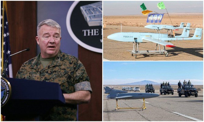 左から時計回りに、米中央軍の司令官であるケネス・F・マッケンジー海兵隊大将、イラン中部の非公表の場所で展示されている無人機、展示されているドローンを視察するイラン軍当局者。（AFP/イラン軍ウェブサイト/資料写真）