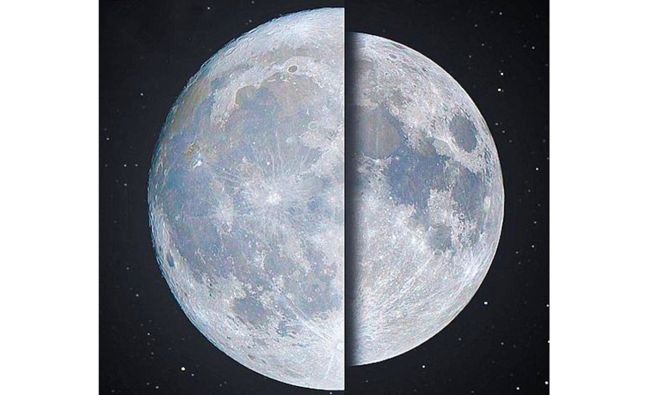 月が昇り、水平線から離れると、通常の白銀色に見える。(SPA)