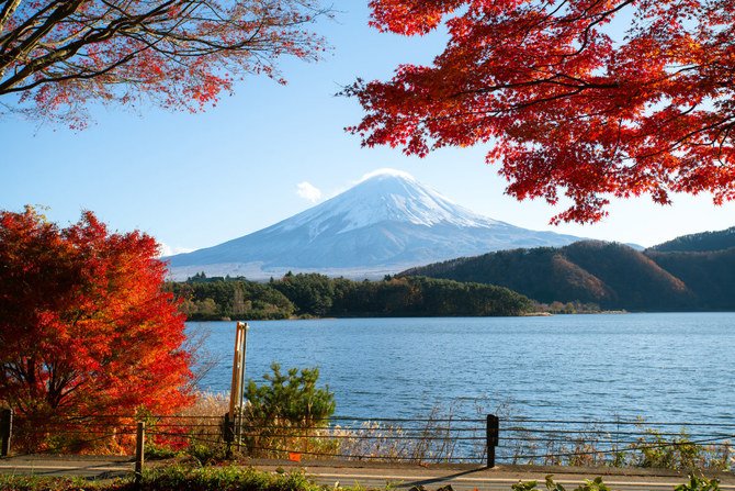 日本の山梨県富士河口湖町の富士五湖地区の1つ河口湖から見える富士山の風景。（シャッターストック写真）