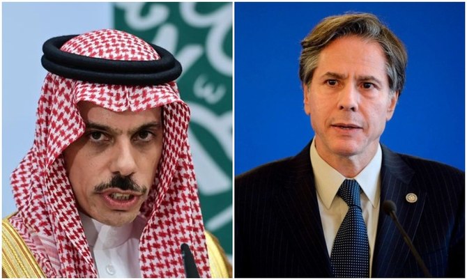 サウジアラビア外務大臣のファイサル・ビン・ファルハーン王子と米国のアントニー・ブリンケン国務長官が、ガザ地区の停戦について協議。(File/AFP)