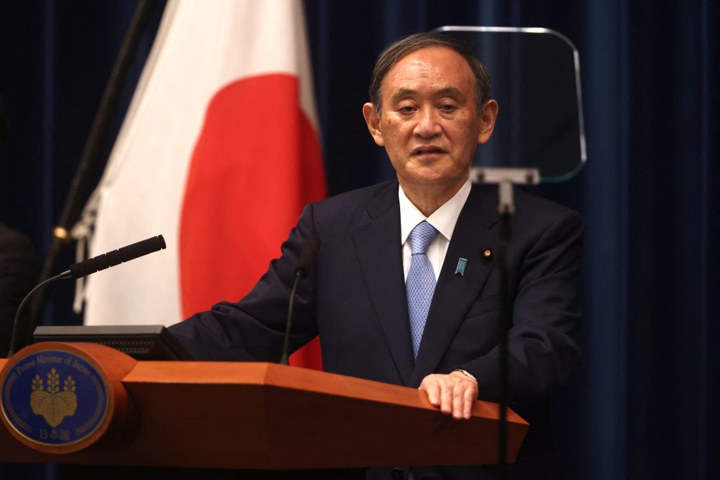 2021年5月28日、東京の首相官邸で記者会見する日本の菅義偉首相。（AFP通信）