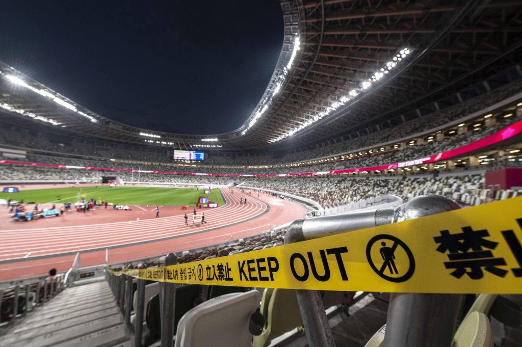 2020東京オリンピックを控え、陸上競技テストイベント中の国立競技場が見える全景。2021年5月9日、東京。（ファイル写真/AFP）