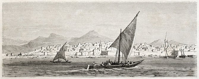 サウジアラビア・ジェッダの昔の眺め。Girardet after Lejean作、1860年パリLe Tour du Mondeに掲載。（Shutterstock）