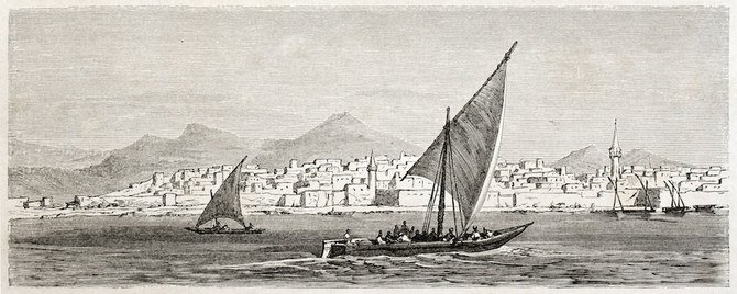 サウジアラビア・ジェッダの昔の眺め。Girardet after Lejean作、1860年パリLe Tour du Mondeに掲載。(Shutterstock)