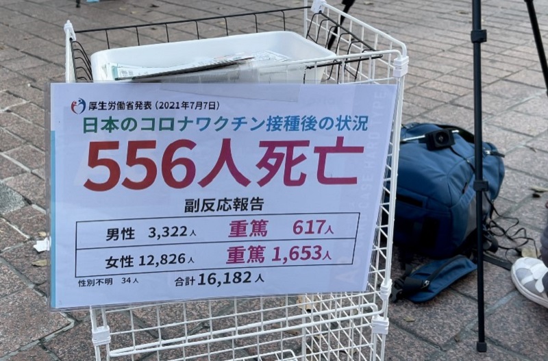 Covid-19に反対する抗議者は、東京の混雑した渋谷スクランブル広場に集まり、PCRテストに反対するプラカードを掲げ、マスクは「嘘」だと。(ANJの写真)