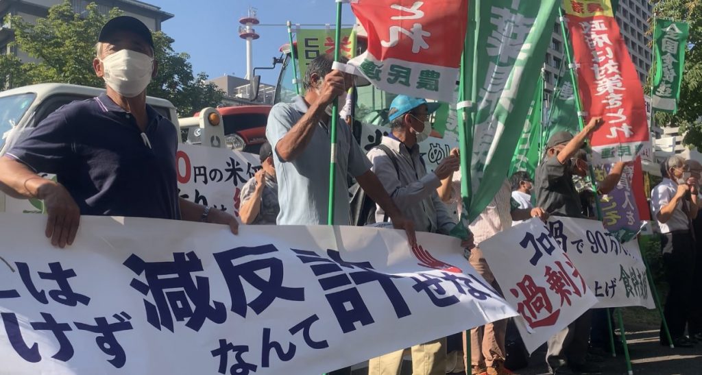 全国的な米価下落に抗議するため農業関係者らが農水省の前に集まった。デモではトラクターや食の主権を主張するプラカードが掲示された。