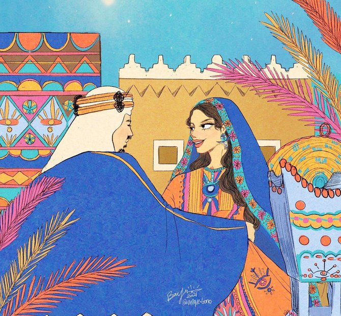 ヤッシン氏のアート作品は一つ一つがサウジアラビア人コミュニティの日常の感情面を深く切り取り、登場人物や出来事、物語を描いた魔法が渦巻くイラストを通して表現している。（提供写真）