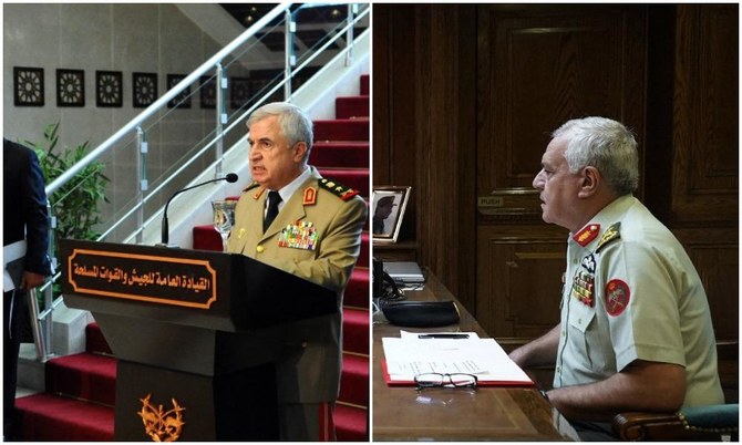 シリアのアリ・アユーブ軍司令官(左)とヨルダンのユーセフ・フネイティ軍統合参謀本部議長は日曜、アンマンで会談を行った。(資料画像・AFP)