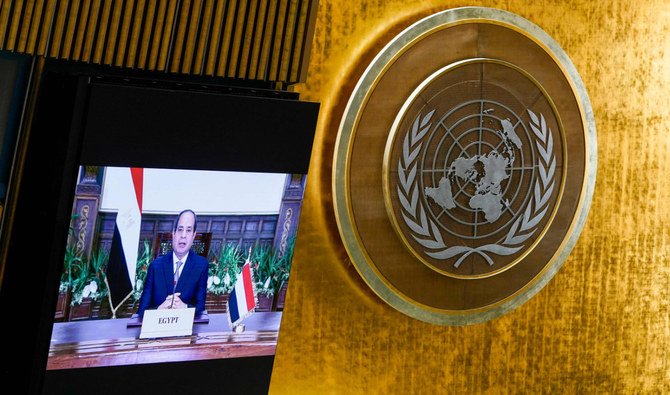 エジプトのアブドゥルファッターハ・エルシーシ大統領もパレスチナ国家の問題について演説した。（AFP）