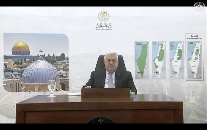 2021年9月24日（金）、国連本部で開催された第76回国連総会において、事前に録画がされた動画により国連演説を行うパレスチナのアッバース大統領（写真左）(AP)
