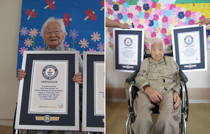 ウメノさん（左）とコウメさん、ギネス認定書とともに。（写真提供：guinnessworldrecords/Website）