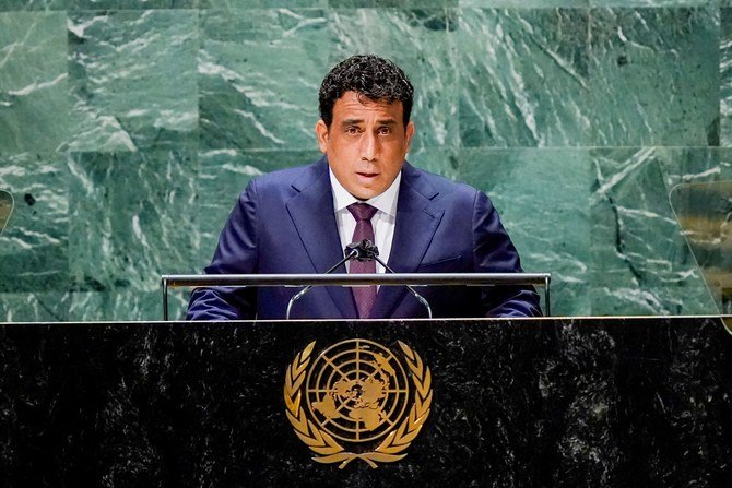 第76回国連総会、リビア国民統一政府のムハンマド・ユーニス・メンフィ大統領評議会議長。(メアリー・アルタファー/プール、ロイター経由)