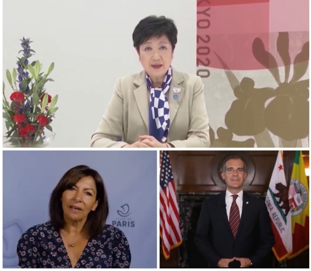 小池東京都知事、パリのイダルゴ市長（左）、ロサンゼルスのガルセッティ市長（右）が、東京2020大会を振り返るビデオメッセージを公開した。（ユーチューブ/ スクリーンショット）