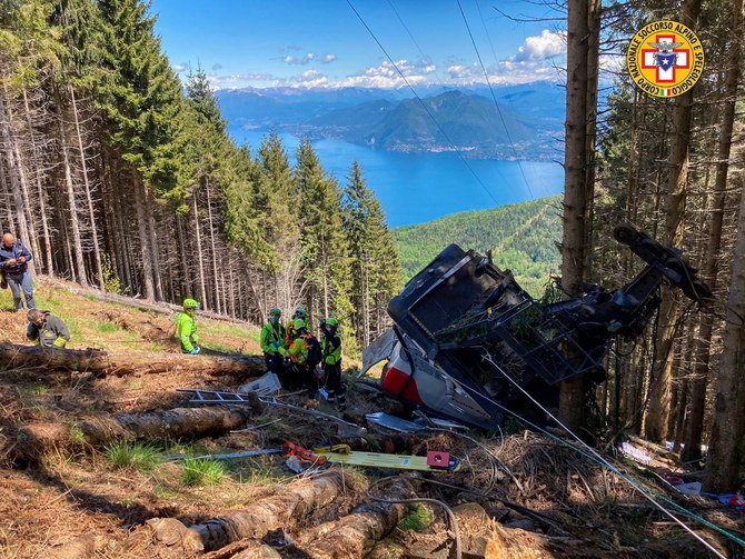 今年5月、イタリア・マッジョーレ湖近くのストレーザでの落下事故で損壊したロープウェー。(ロイター)