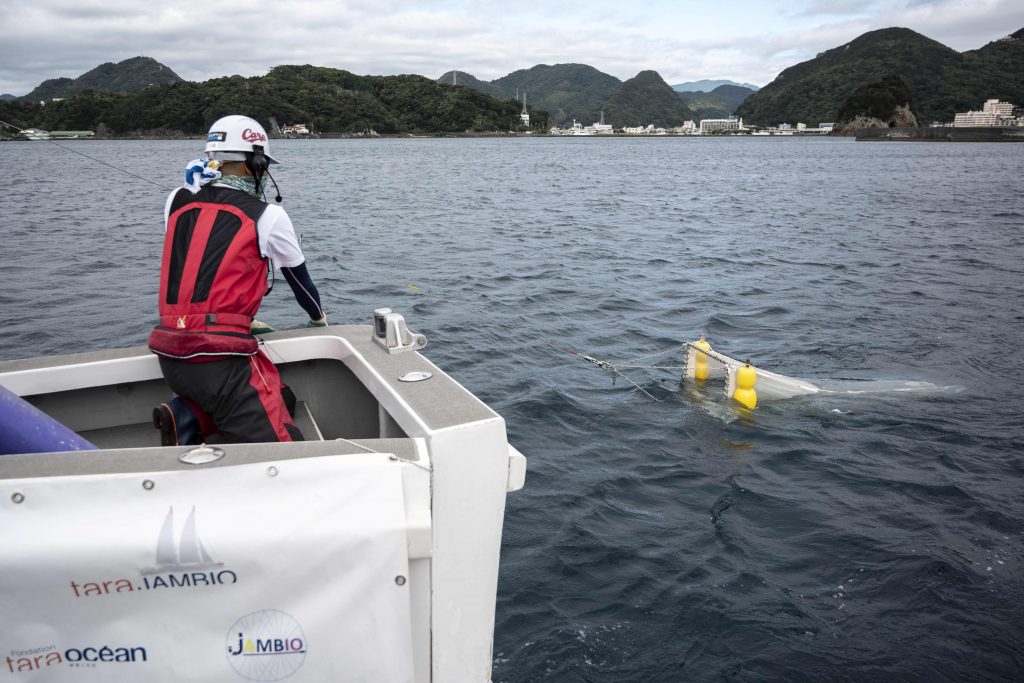 「ソックス」と呼ばれるじょうご型の網を水面から引き上げる研究者。2021年10月14日、静岡県の下田沖で行われているフランスのタラオセアン財団と日本のマリンステーションネットワークJAMBIOの共同プロジェクトにて。(資料写真/AFP)