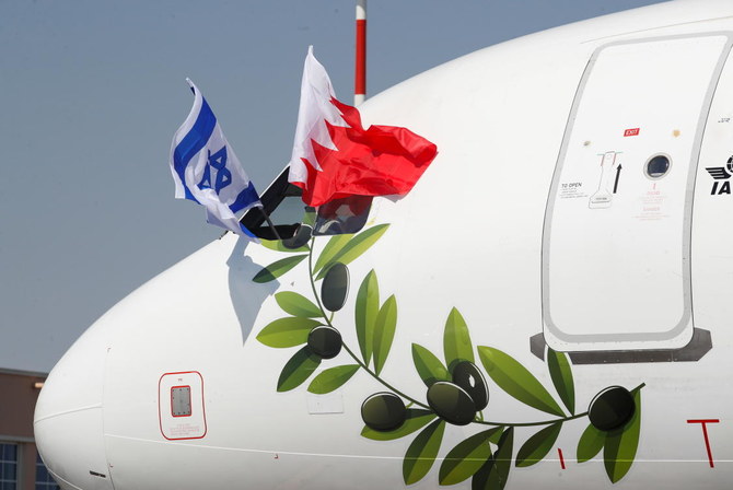 2021年9月30日、バーレーンのムハッラクにあるバーレーン国際空港で、イスラエルのヤイール・ラピード外相の飛行機にイスラエルとバーレーンの国旗が掲げられている。（ロイター通信）