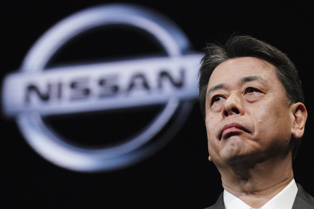 横浜の日産自動車本社で行われた記者会見で語る内田誠日産自動車社長(資料写真AP)