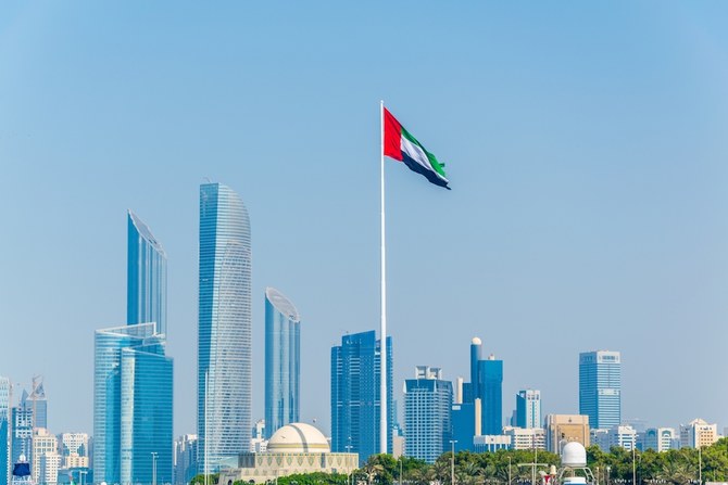首都アブダビの高層ビル群にはためくアラブ首長国連邦の国旗。（資料写真／Shutterstock）