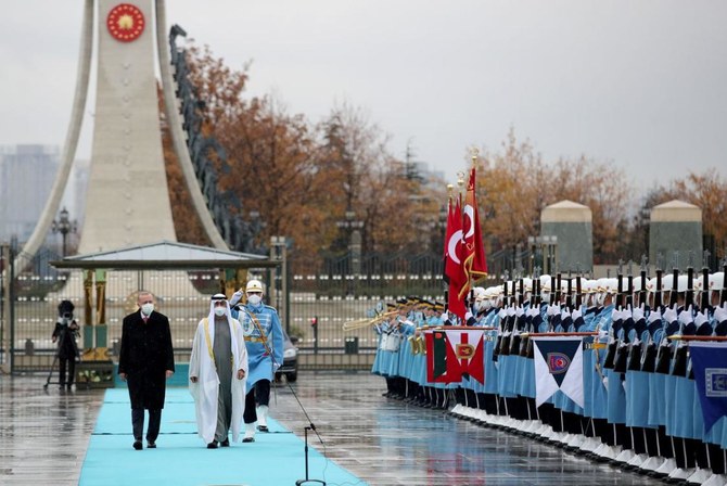 2021年11月24日、トルコのアンカラで行われた歓迎式典で栄誉礼を受けるトルコのレジェップ・タイイップ・エルドアン大統領とアブダビのシェイク・ムハンマド・ビン・ザーイド・アール・ナヒヤーン皇太子殿下。（ロイター）
