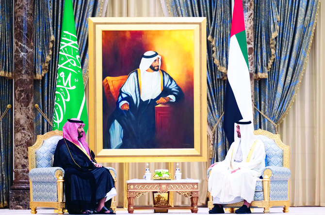 カスル・アル・ワタンでアブダビのムハンマド・ビン・ザーイド皇太子殿下と会談を持ったムハンマド・ビン・サルマン皇太子殿下。（提供画像）