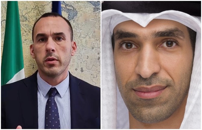 イタリアのマンリオ・ディ・ステファノ外務次官(左)とUAEのサーニー・アル・ゼイユーディ外務担当国務大臣(右)。(AN Photo/WEF)
