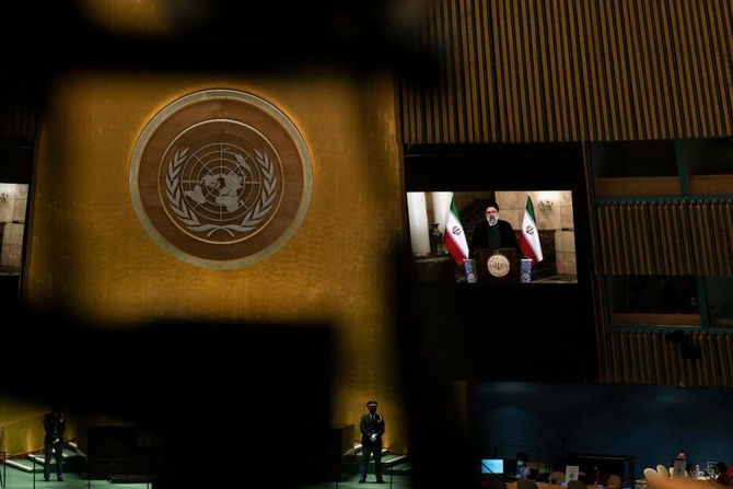 2021年9月21日国連にて、オンラインで第76回国連総会の演説をするイランのイブラヒム・ライシ大統領。 (File/AFP)