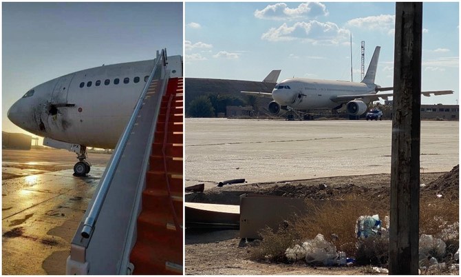 1月28日（金）、ロケット攻撃を受け、バグダッド空港の駐機場で損傷した航空機。（AP）