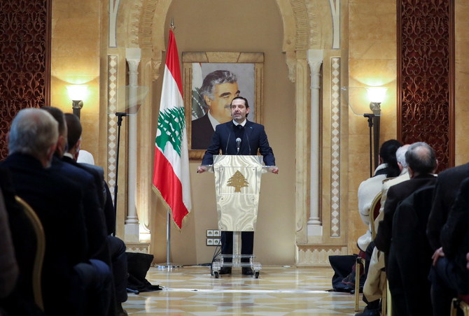 イスラム教スンニ派の有力政治家で元首相のサアド・ハリーリ氏が演説する様子、レバノン・首都ベイルート、2022年1月24日。(ロイター)