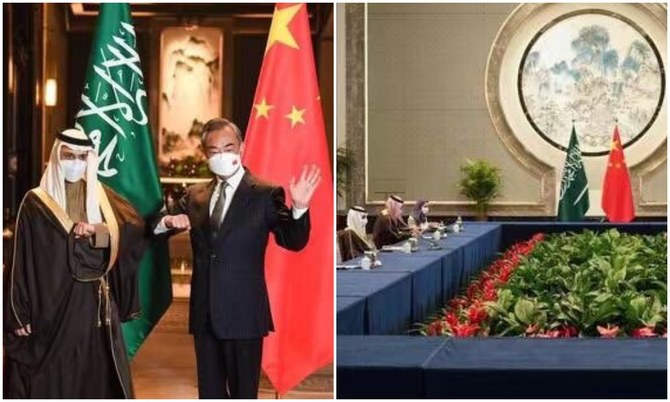 訪問中の中国で、中国の王毅外交部長と肘タッチで挨拶を交わすサウジアラビアのファイサル・ビン・ファルハーン外務大臣。（@KSAMOFA）