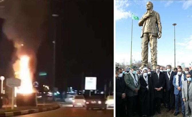 イラン中部シャフレ・コルドのハズラット・カマルバニ・ハシェム広場に設置されたばかりの像に、イラン反体制組織の支持者が火を放った。（提供）