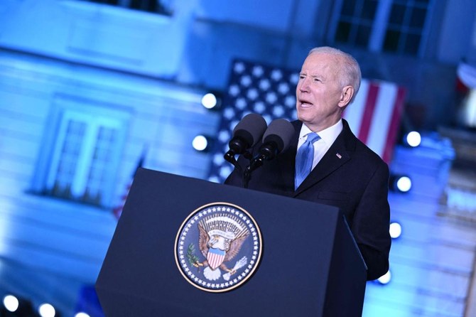2022年3月26日、ポーランドのワルシャワの王宮で演説する米国のジョー・バイデン大統領。(AFP通信)
