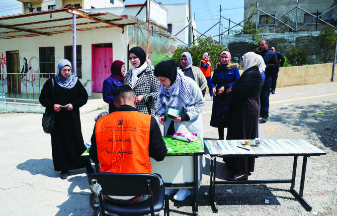 3月26日、イスラエル占領下のヨルダン川西岸地区における、パレスチナ地方議会選挙の投票風景。10年半に及ぶ遅れの後に実施されているこの選挙は、パレスチナにおいて稀に見る民主的な動きとなっている。（AFP） 