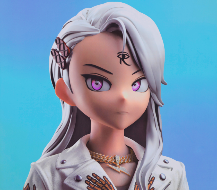 アルミフレームに張られたキャンバスに描かれた、「Clone X×村上隆」の中のあるアバターのアクリル画。(ガゴシアン)
