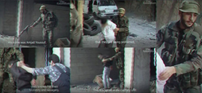 民兵組織のメンバーが人々を銃撃していることがはっきりと分かる、ダマスカスのタダモン虐殺の個人撮影動画からのスチール写真。（AFP）