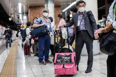 東京の上野駅で、リゾート地の軽井沢へ向かう約1時間の移動中、愛犬を連れて新幹線に乗り込むのを待つ乗客たち(2022年5月21日撮影)(AFP)