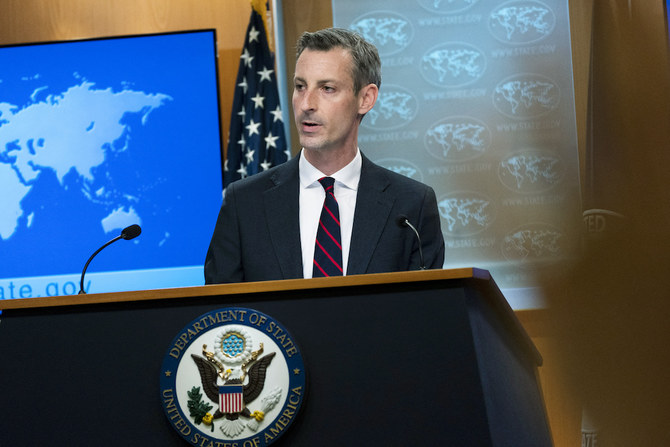 米国務省のネッド・プライス報道官が記者会見を行っている。ワシントンDCの米国務省にて。（資料提供：AFP通信）