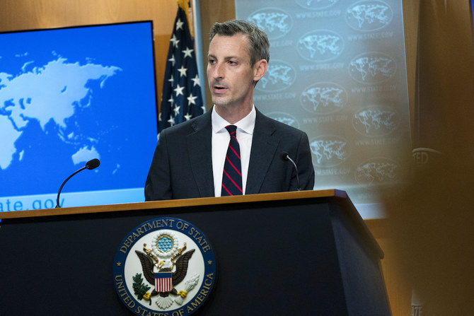 米国務省のネッド・プライス報道官が記者会見を行っている。ワシントンDCの米国務省にて。(資料提供:AFP通信)