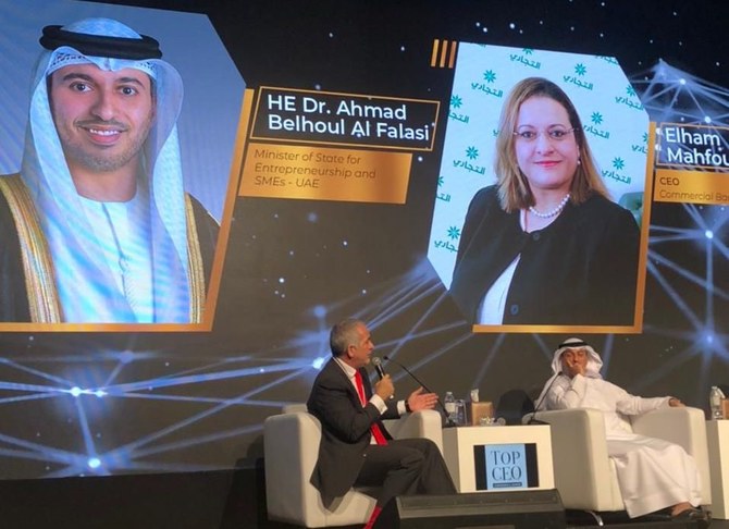 ドバイのTop CEOフォーラムで発言した、UAEのアーマッド・ベルフール・アル・ファルシ国家アントレプレナーシップ・中小企業担当大臣(AN Photo)