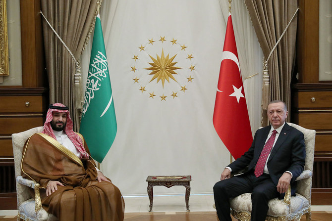 アンカラで、サウジアラビアのムハンマド・ビン・サルマン皇太子（左）とともにポーズをとるトルコのレジェップ・タイップ・エルドアン大統領（右）。（AFP）