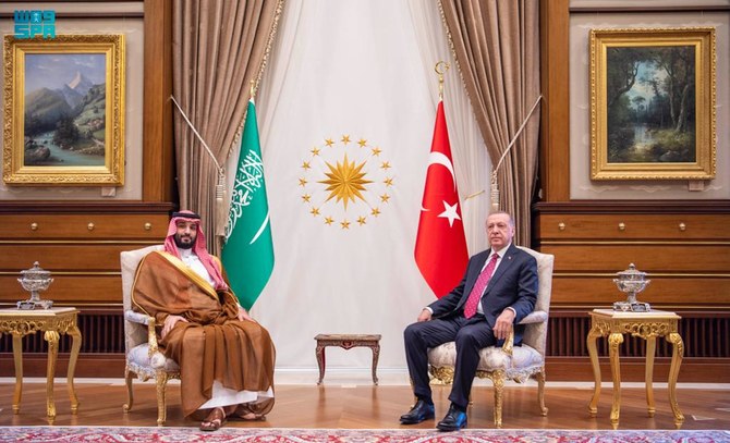 アンカラで会談するサウジアラビアのムハンマド・ビン・サルマン皇太子とトルコのレジェップ・タイイップ・エルドアン大統領。（ツイッター： @Spa_Eng ）